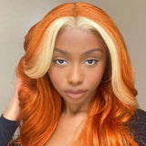 Ginger Human Hair Wigs with Blonde Skunk Stripe for Women