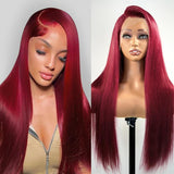 Burgundy Straight Human Hair Wigs Wine Red Colored Lace Wig