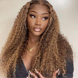 Honey Blonde Highlight Wigs Ombre Color Curly Human Hair Wigs