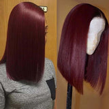 1B/99J Dark Red Burgundy Bob Wig Straight Short Human Hair Wigs with Black Roots