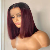 1B/99J Dark Red Burgundy Bob Wig Straight Short Human Hair Wigs with Black Roots