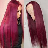 99J Burgundy Glueless Lace Wig  Wine Red Silky Straight Human Hair Wigs