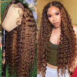 Brown Highlights 360 Lace Frontal Wig Deep Curly Human Hair Wigs
