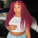 99J Dark Red Burgundy Jerry Curly Wig 360 Transparent Lace  Frontal Human Hair Wigs