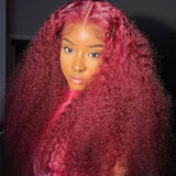 99J Dark Red Burgundy Jerry Curly Wig 360 Transparent Lace  Frontal Human Hair Wigs