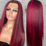 Black Hair With Red Highlights 99J Burgundy Lace Frontal Human Hair Wigs