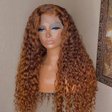#30 Light Auburn Curly Hair Wig Deep Wave Transparent Lace Front Human Hair Wigs