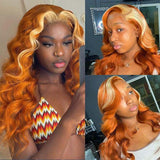 Orange Wigs With Blonde Streak at Front Body Wave Highlight Human Hair Wigs