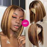 Highlight Brown Blonde Bob Wig Transparent Lace Front Human Hair Wigs Straight Hair