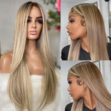Ash Blonde Balayage On Brown Wigs 13x4 HD Transparent Lace Human Hair Wigs