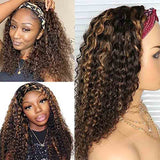 1B/30 Medium Auburn Brown Highlight Glueless Wig Deep Wave Curly Human Hair Headband Wigs