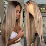 Ash Blonde Balayage Wigs HD Transparent Lace Straight Human Hair Wig