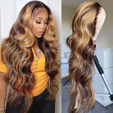 Honey Blonde Highlight Body Wave Transparent Lace Front Human Hair Wigs