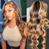 Honey Blonde Highlight Body Wave Transparent Lace Front Human Hair Wigs