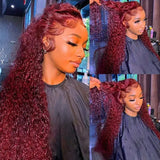 99J Dark Red Burgundy Jerry Curly Wig 360 Transparent Lace  Frontal Human Hair Wigs