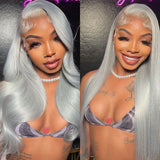 Silver Grey Wavy Human Hair Wig 13x4 HD Lace Front Wigs