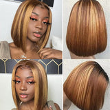 Blonde Brown Highlight Straight Bob Wigs 100% Human Hair For Women