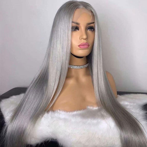 Silver Grey Human Hair Wig Long Colored Lace Front Wig – MEBARY